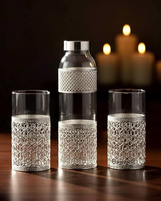 The Regal Pour Set (Glass Bottle + 2 Glasses with Metal Detailing + Velvet Gift Box)