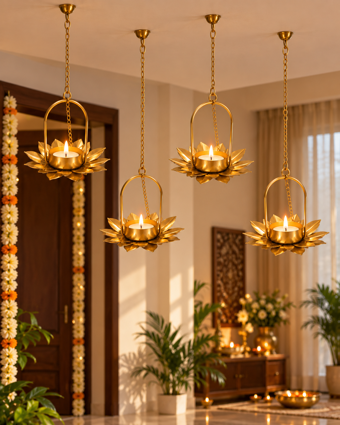 Lotus Tealight Candle Hanging Holders (Includes 4 holders + 4 tealight candles)