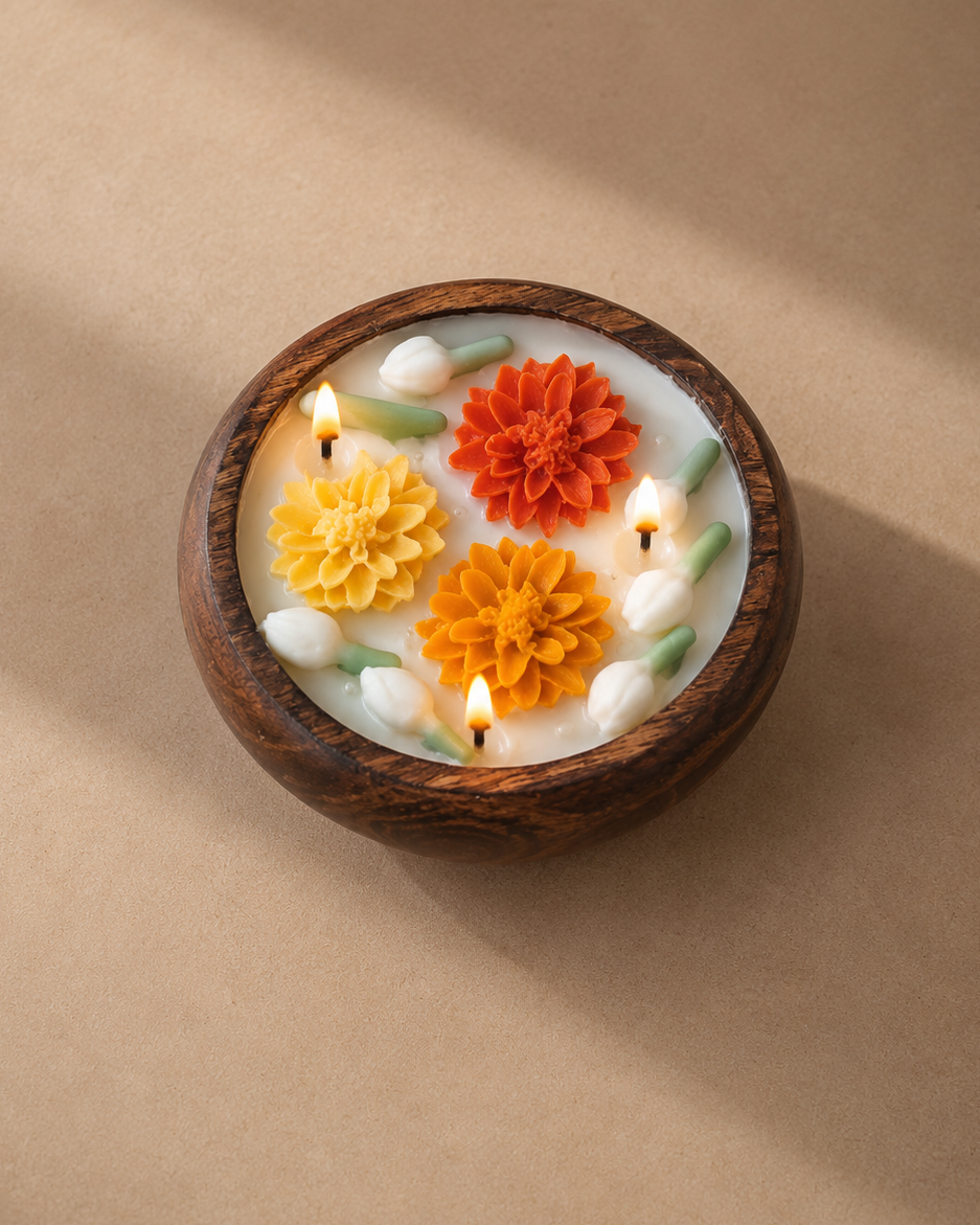 Marigold and Mogra - Soy Scented Wooden Bowl Candle