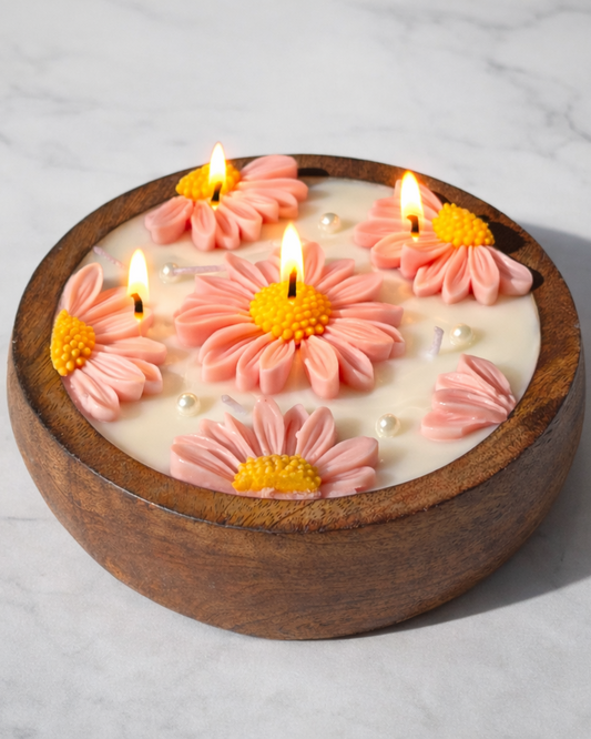 Daisy Bloom Wooden Bowl Candle - Luxury Scented Candle & Decor