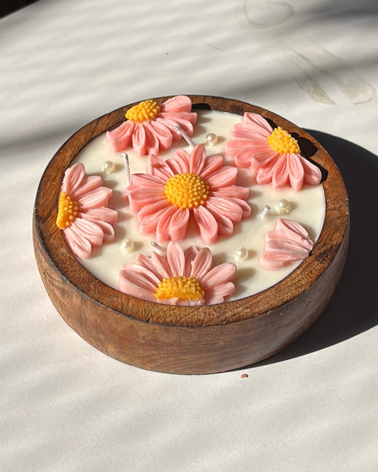 Daisy Bloom Wooden Bowl Candle - Luxury Scented Candle & Decor