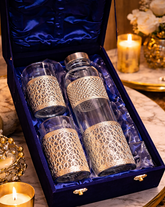The Regal Pour Set (Glass Bottle + 2 Glasses with Metal Detailing + Velvet Gift Box)