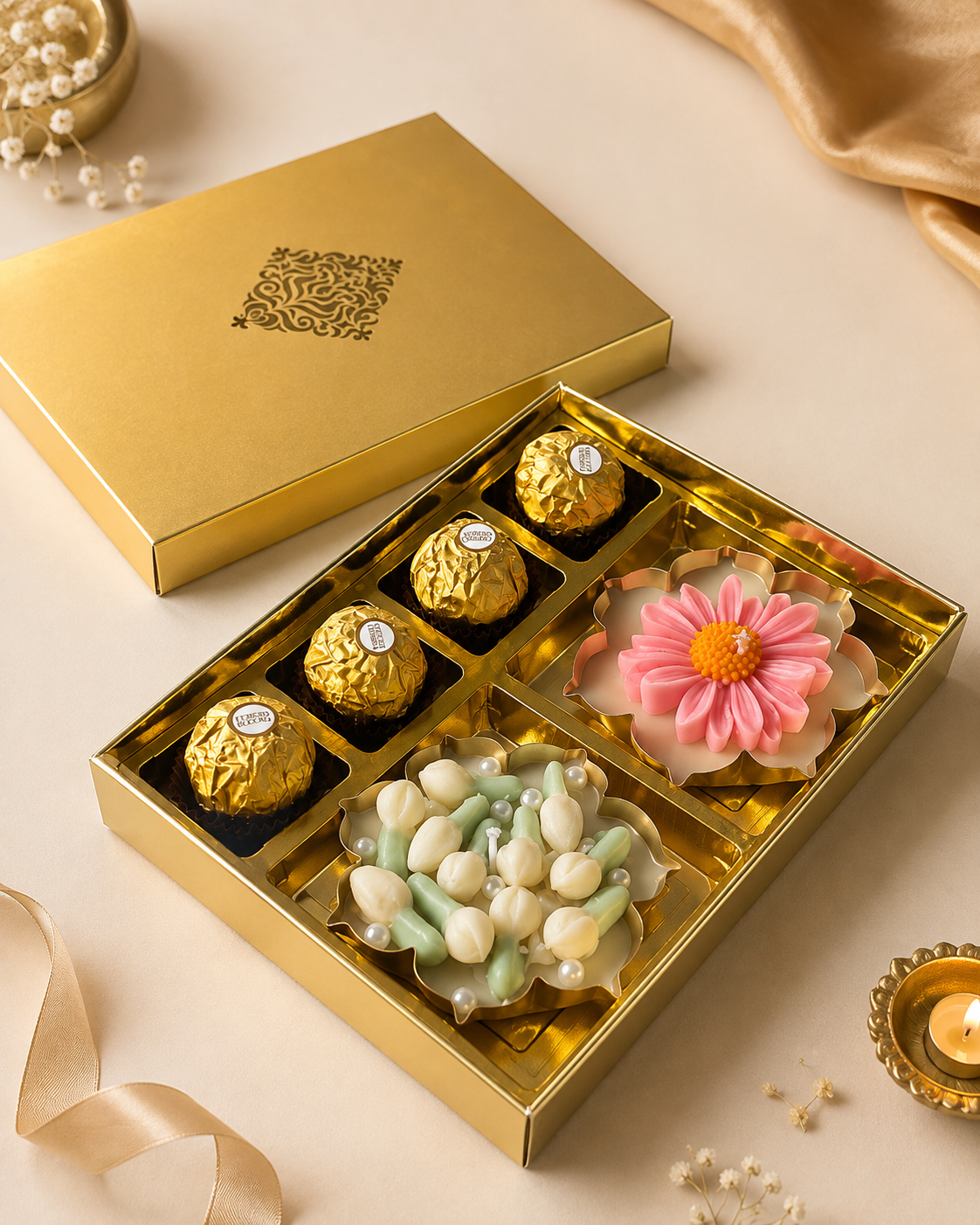 Indulgence Gift Box – Soy Scented Candles & Ferrero Rocher Chocolates