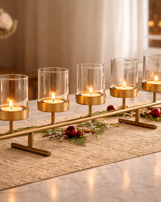 Metal Multi Tealight Holder with Borosil Glass Center piece - Luxury Home and Office Decor