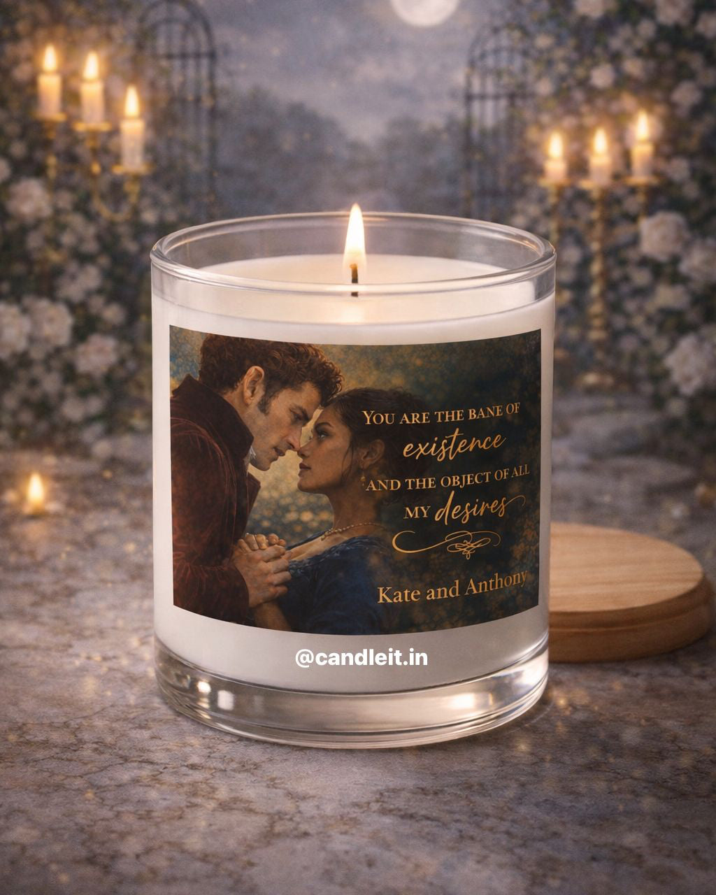 Bridgerton Theme Combo [1 Glass Candle + 1 Pillar Candle + 1 Inverted Heart Tealight Stand + 1 Bow Wax Sachet + 1 Hanging Diffuser]