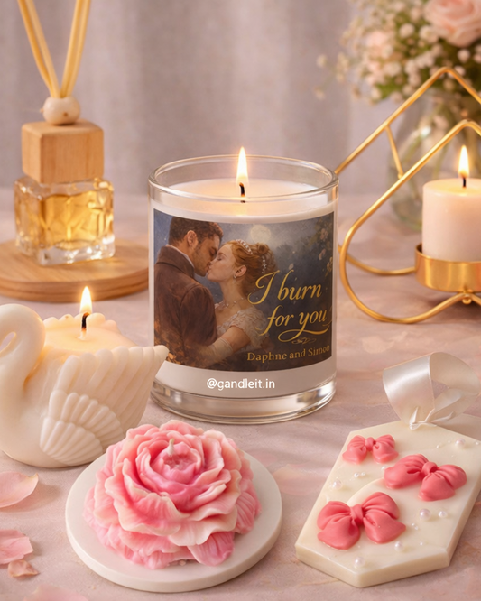 Bridgerton Theme Combo [1 Glass Candle + 1 Pillar Candle + 1 Inverted Heart Tealight Stand + 1 Bow Wax Sachet + 1 Hanging Diffuser]