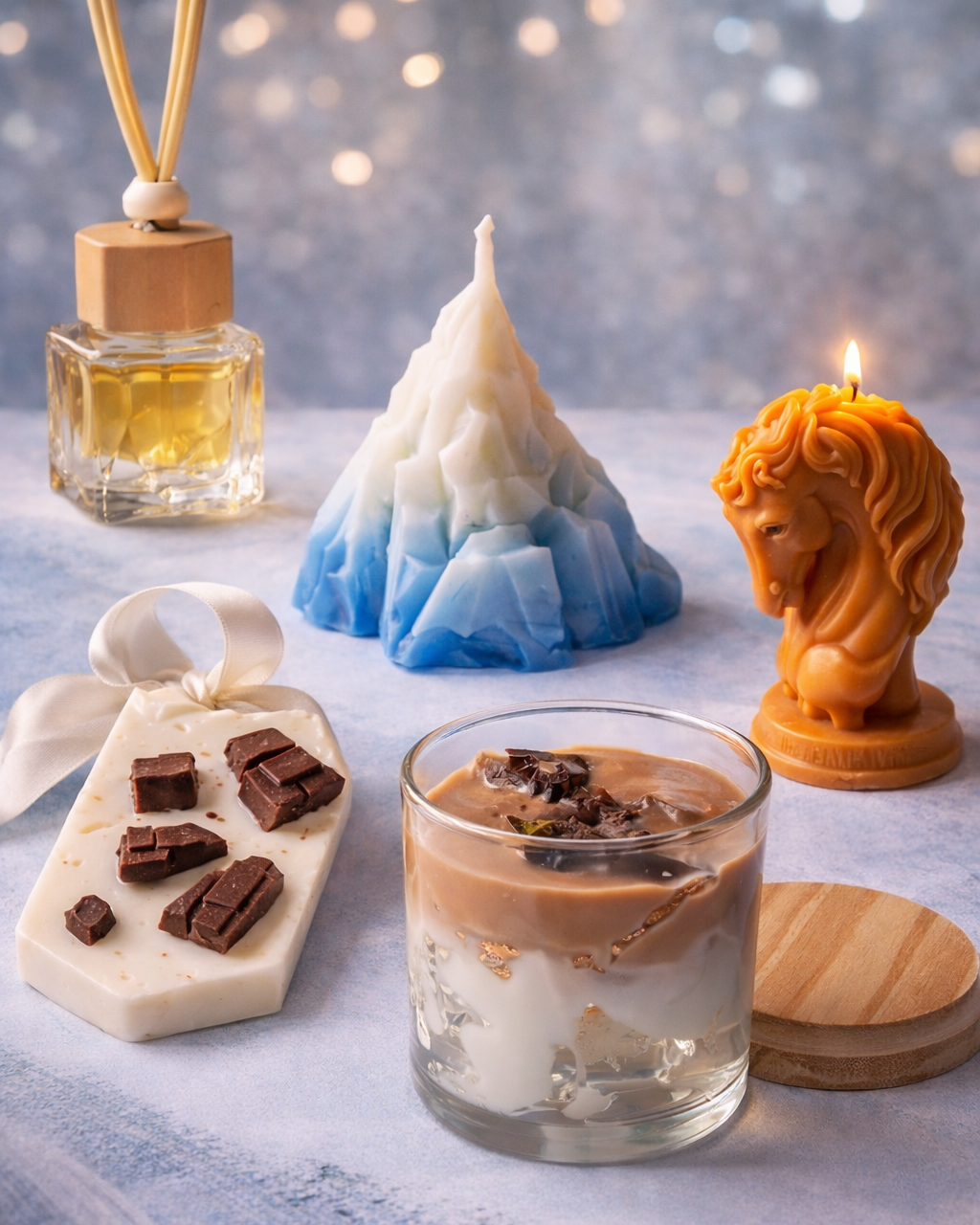 Gift Combo For Him [1 Iced Latte Candle + 1 Pillar Candle + 1 Chocolate Wax Sachet + 1 Hanging Car Diffuser]