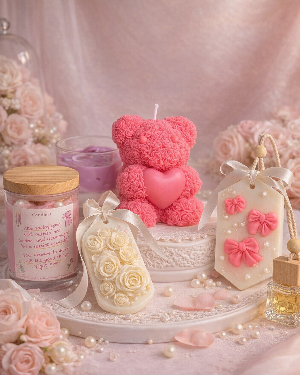 Gift Combo for Her [1 Glass Candle + 1 Wax Sachet + 1 Small Teddy Candle + 1 Hanging Diffuser]