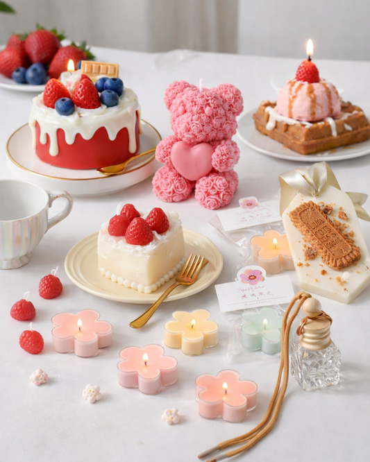 Happy Birthday Combo [Cake Candle + Rose Teddy + 1 Option  Candle + Flower Tealight + Biscoff Wax Sachet + Hanging Diffuser]
