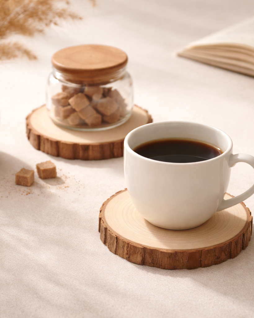 Real Wood Slice Coasters Set – Rustic Wooden Tea & Coffee Coasters (Handcrafted, Unique Grain)