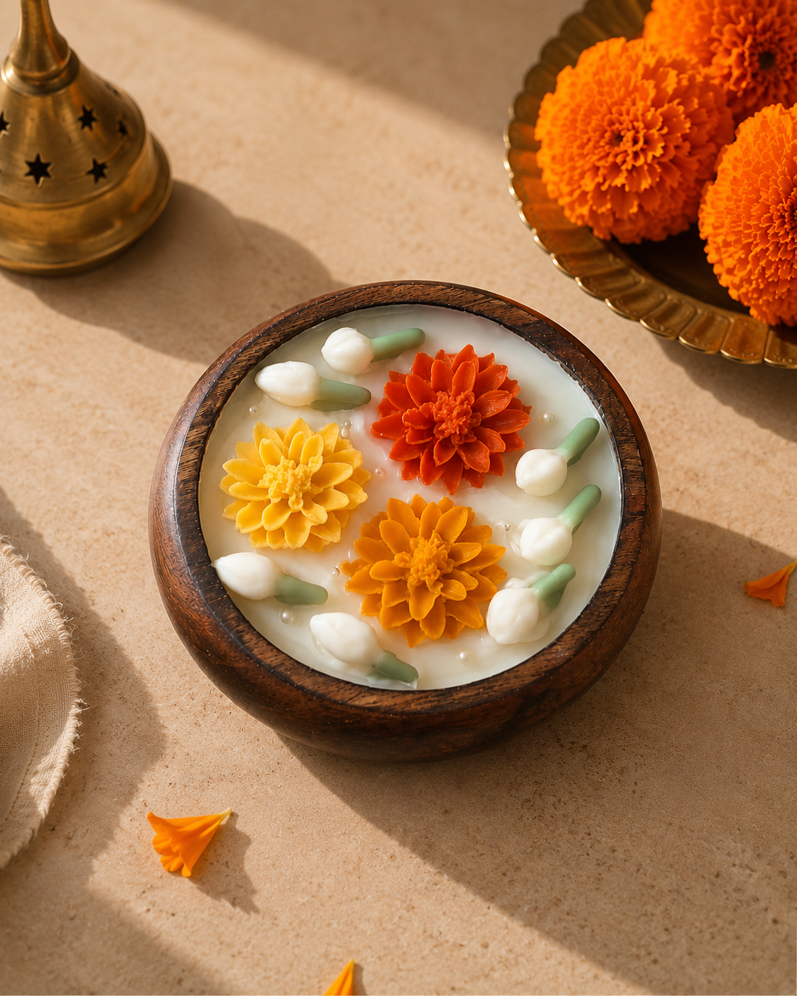 Marigold and Mogra - Soy Scented Wooden Bowl Candle